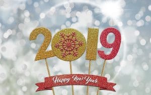 Sign that reads â€œ2019 Happy New Yearâ€ in red and gold